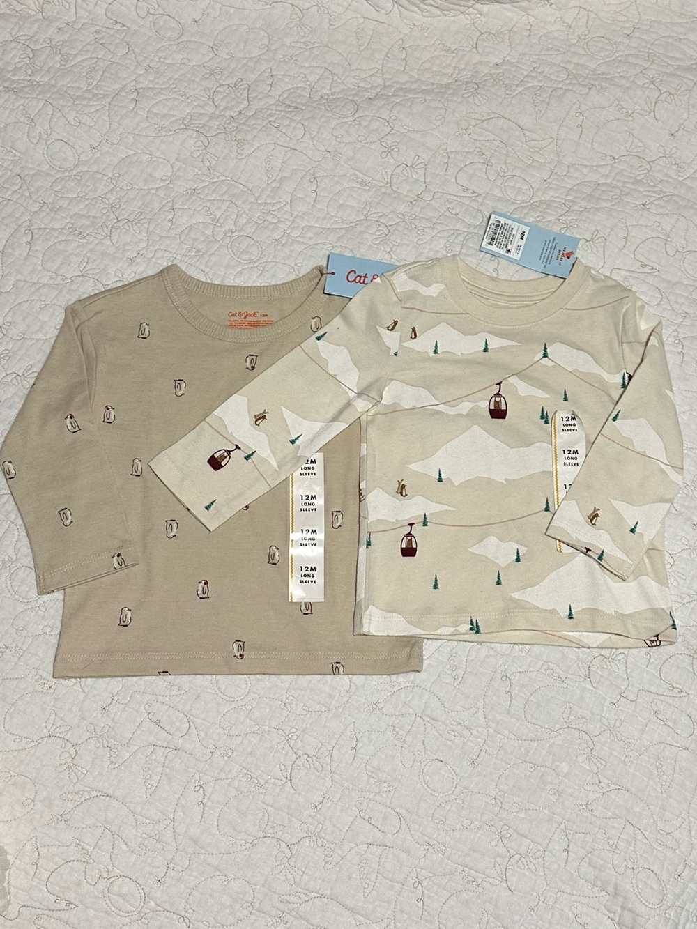 Cat & Jack Beige Mountain & Penguin Long-Sleeve Tops - Neutral Bundle